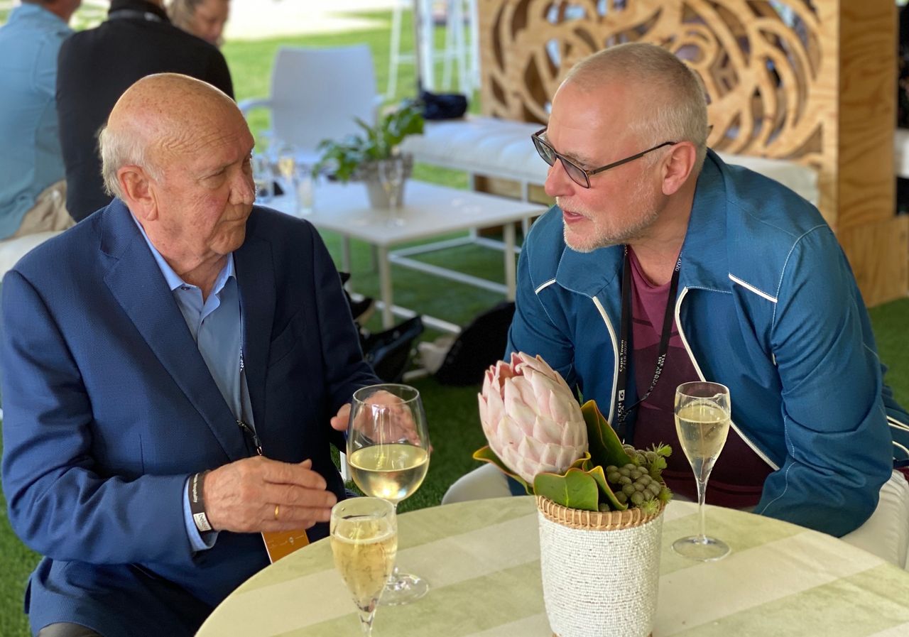 FW de Klerk in friendly chat with Zdenek Bakala. February, 2020, Cape Town